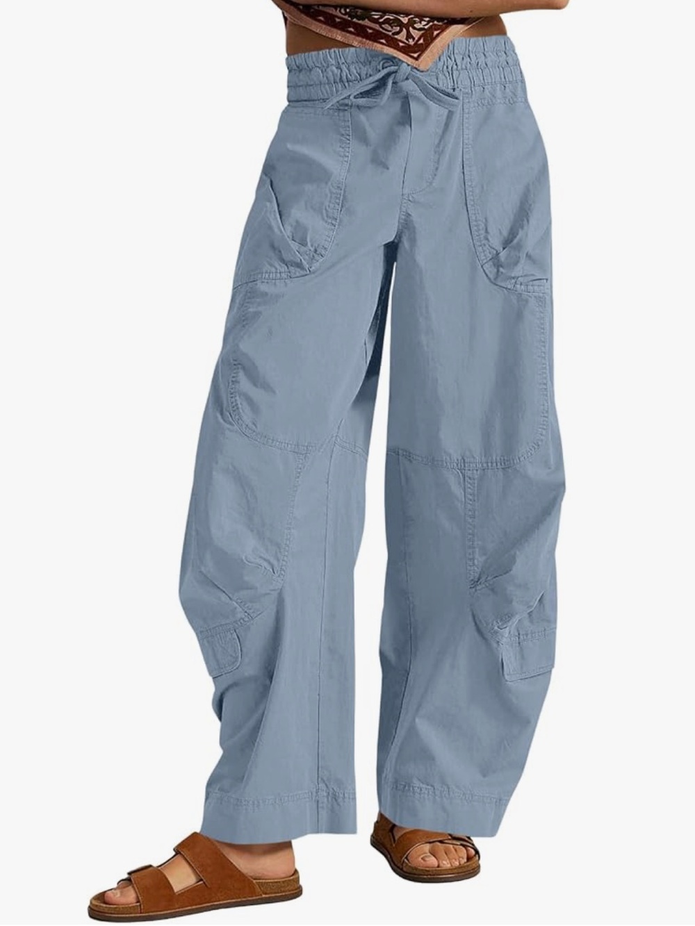 NWT Aoysky Womens Baggy Barrel Wide Leg Pants Drawstring Cargo Elastic Waist